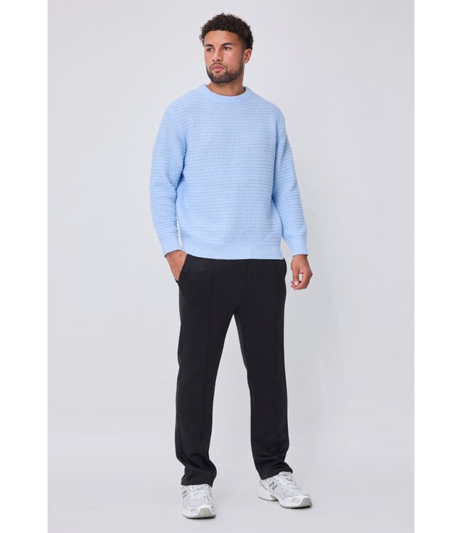 Lichtblauwe Gebreide Herentrui met Structuurpatroon en Geribde Boorden