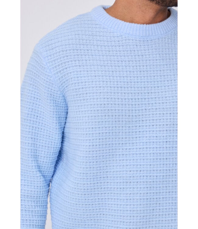 Lichtblauwe Gebreide Herentrui met Structuurpatroon en Geribde Boorden