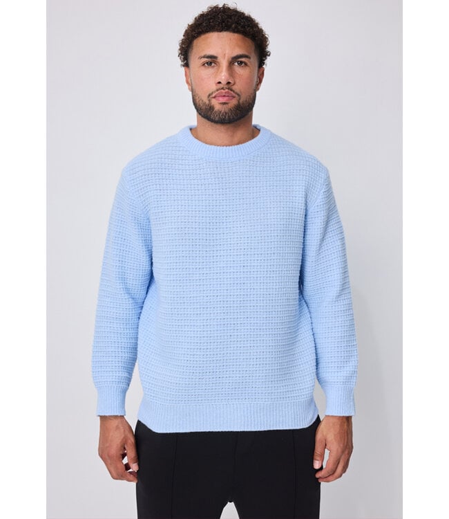 Lichtblauwe Gebreide Herentrui met Structuurpatroon en Geribde Boorden