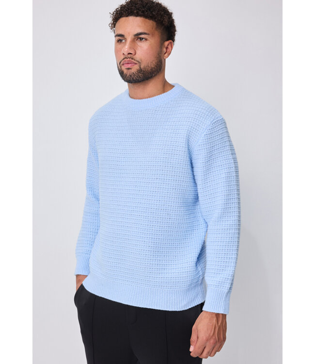 Lichtblauwe Gebreide Herentrui met Structuurpatroon en Geribde Boorden