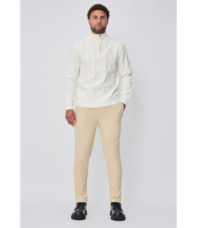 Witte Gebreide Herentrui met Half-Zip en Diamant Kabelpatroon
