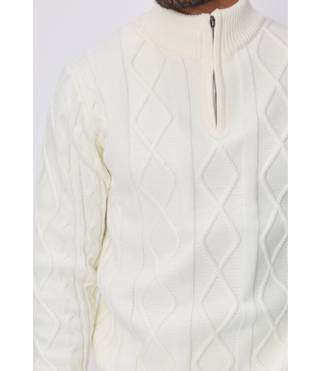 Witte Gebreide Herentrui met Half-Zip en Diamant Kabelpatroon