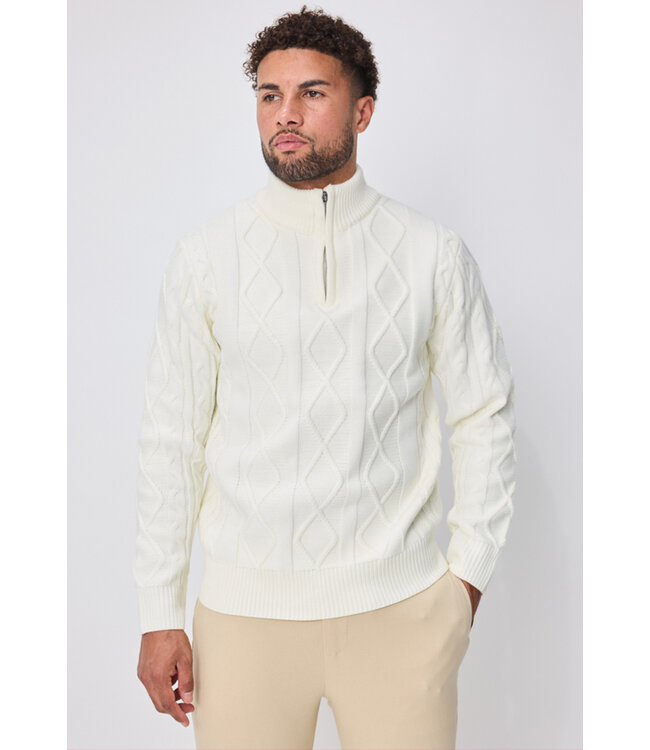 Witte Gebreide Herentrui met Half-Zip en Diamant Kabelpatroon
