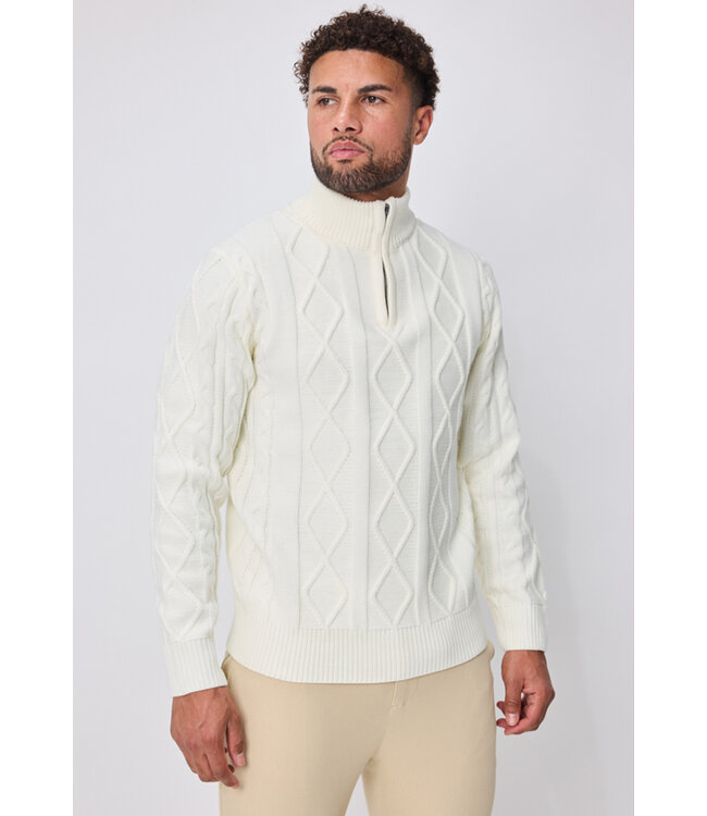 Witte Gebreide Herentrui met Half-Zip en Diamant Kabelpatroon
