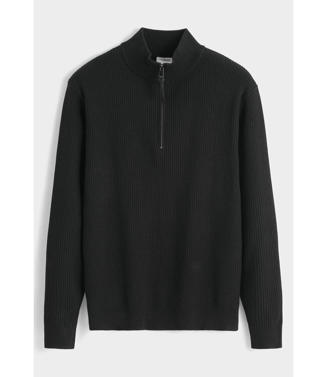 Zwarte Gebreide Half-Zip Herentrui met Fijn Ribstructuur en Hoge Kraag