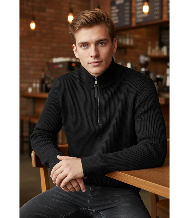 Zwarte Gebreide Half-Zip Herentrui met Fijn Ribstructuur en Hoge Kraag