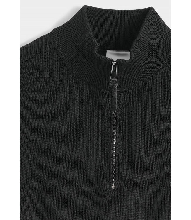 Zwarte Gebreide Half-Zip Herentrui met Fijn Ribstructuur en Hoge Kraag