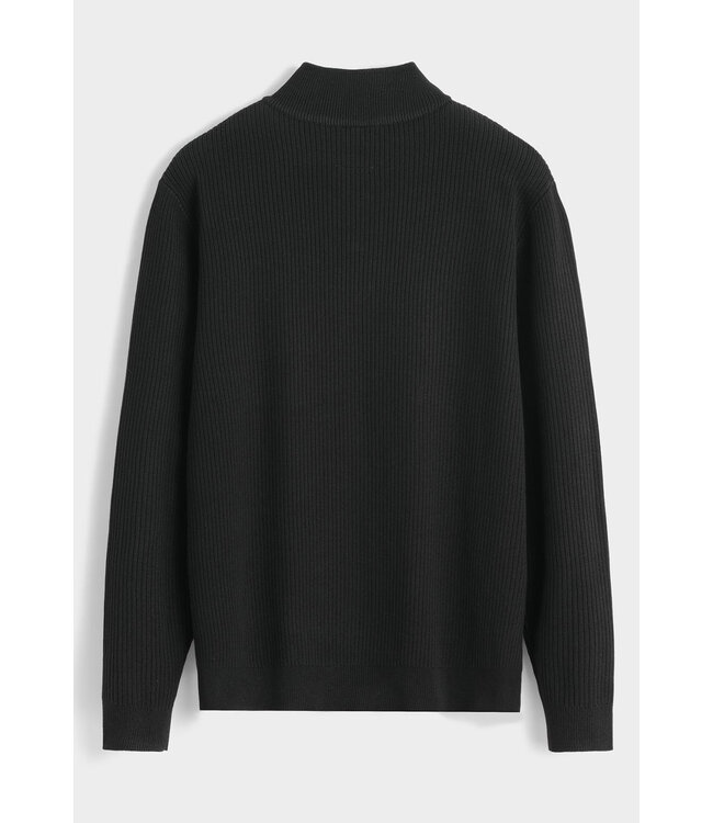 Zwarte Gebreide Half-Zip Herentrui met Fijn Ribstructuur en Hoge Kraag