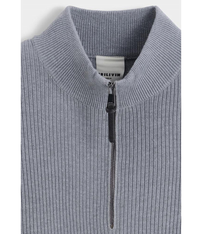 Grijze Gebreide Half-Zip Herentrui met Fijn Ribstructuur en Hoge Kraag