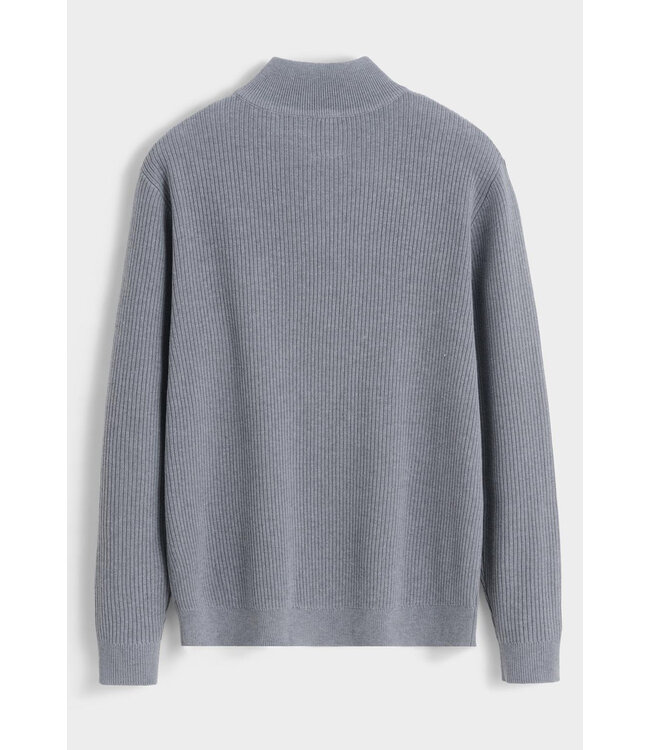 Grijze Gebreide Half-Zip Herentrui met Fijn Ribstructuur en Hoge Kraag