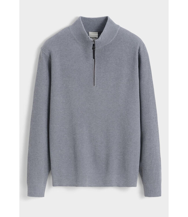 Grijze Gebreide Half-Zip Herentrui met Fijn Ribstructuur en Hoge Kraag