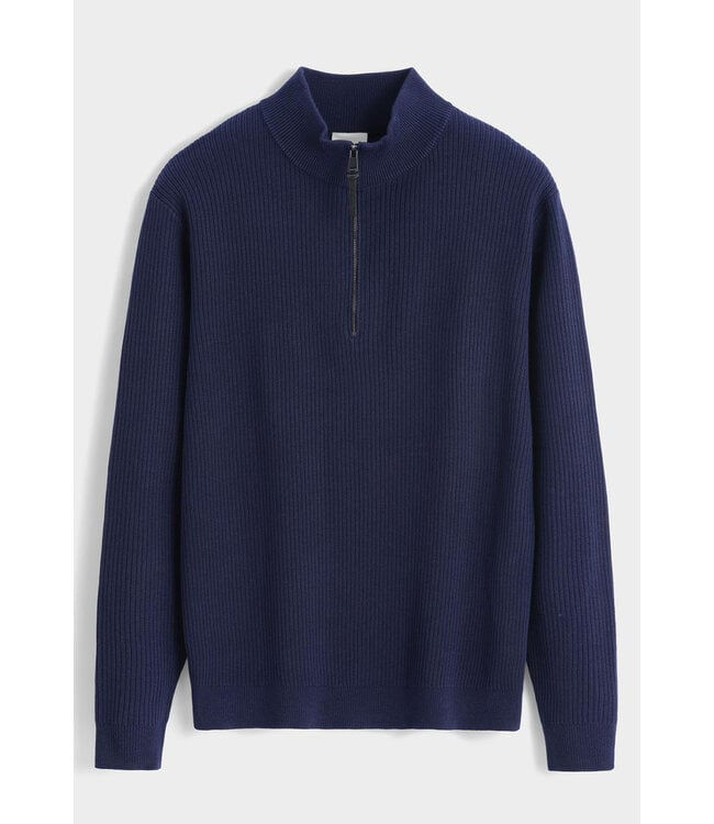 Donkerblauwe Gebreide Half-Zip Herentrui met Fijn Ribstructuur en Hoge Kraag