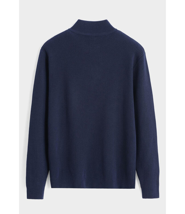 Donkerblauwe Gebreide Half-Zip Herentrui met Fijn Ribstructuur en Hoge Kraag