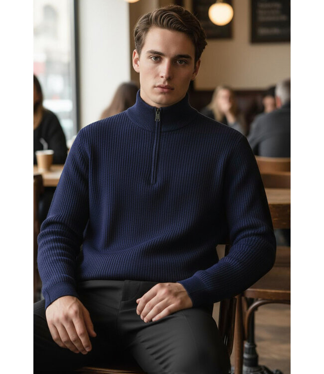 Donkerblauwe Gebreide Half-Zip Herentrui met Fijn Ribstructuur en Hoge Kraag