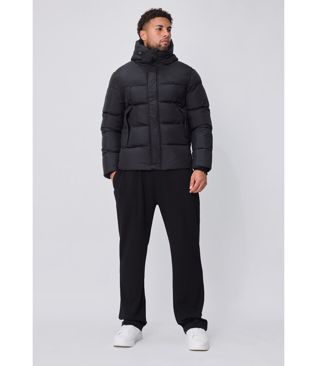 Zwarte Heren Pufferjas met Capuchon en Rechte Gestikte Banen