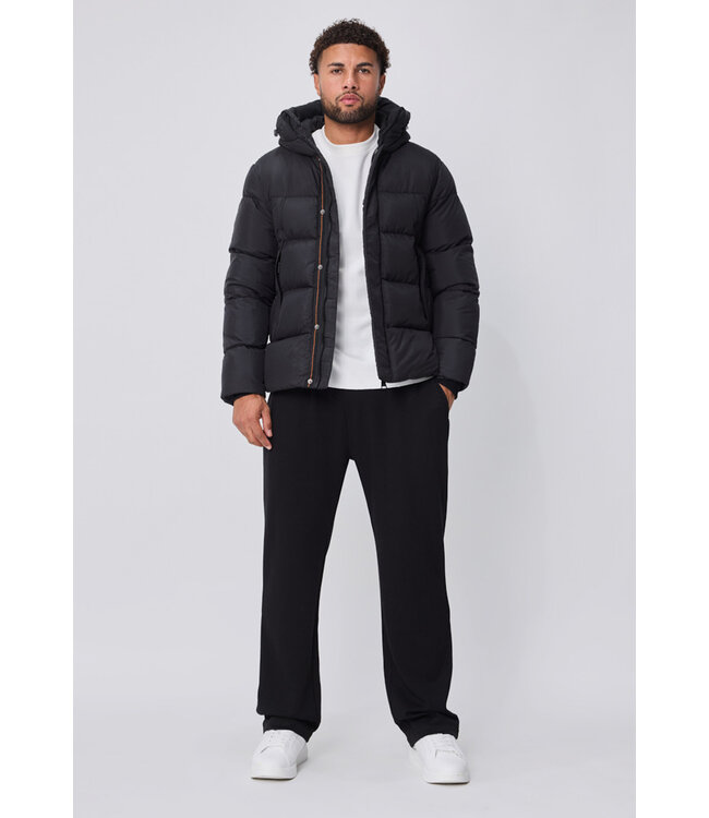 Zwarte Heren Pufferjas met Capuchon en Rechte Gestikte Banen