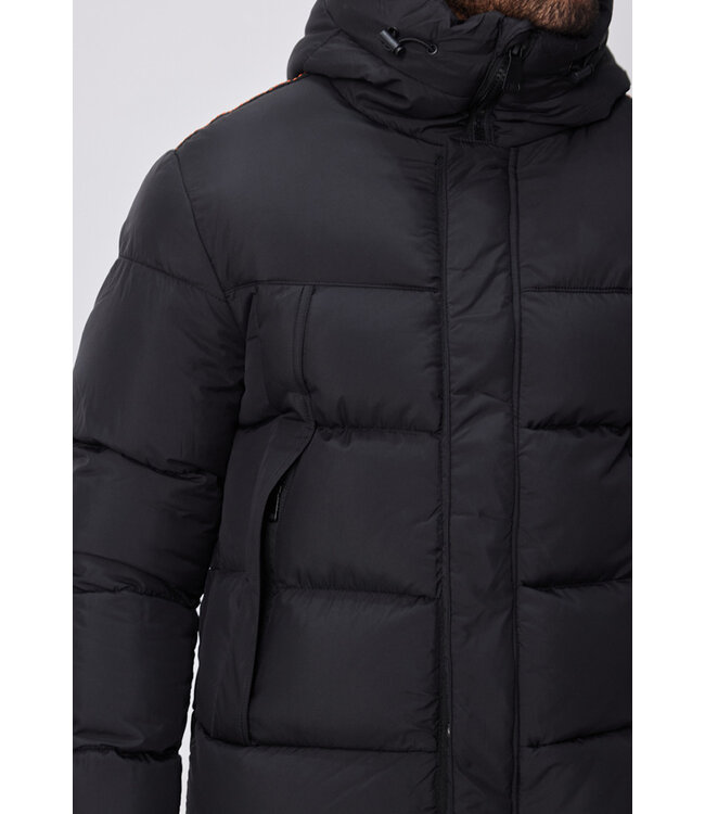 Zwarte Heren Pufferjas met Capuchon en Rechte Gestikte Banen