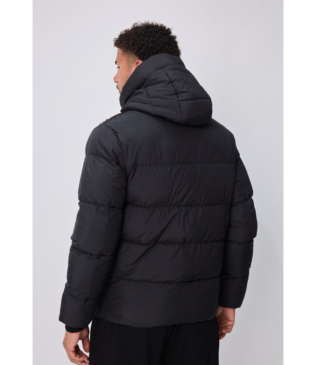 Zwarte Heren Pufferjas met Capuchon en Rechte Gestikte Banen