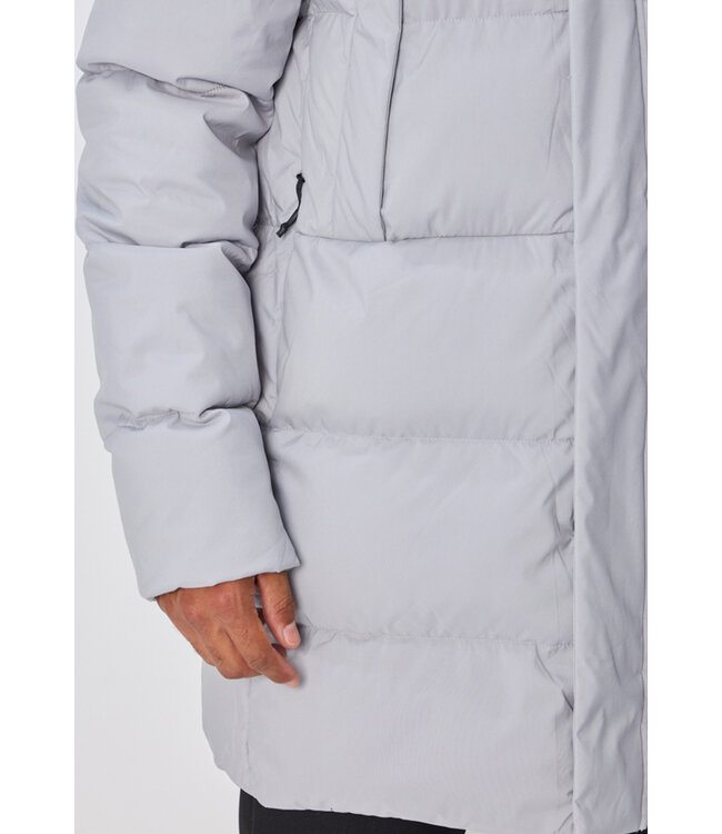 Lichtgrijze Lange Heren Pufferjas met Hoge Kraag en Doorlopende Rits