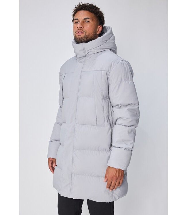 Lichtgrijze Lange Heren Pufferjas met Hoge Kraag en Doorlopende Rits