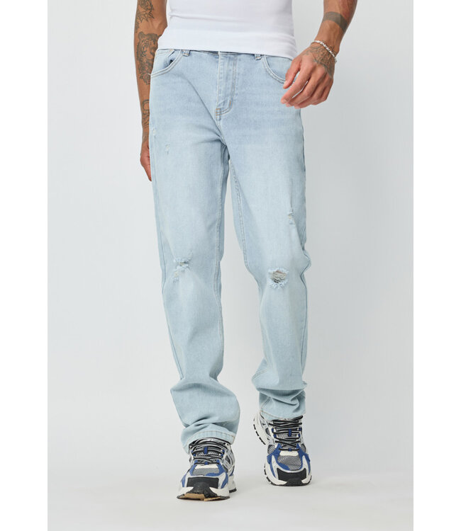 Lichtblauwe Straight Fit Jeans met Scheuren
