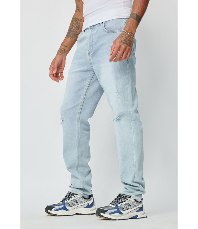 Lichtblauwe Straight Fit Jeans met Scheuren