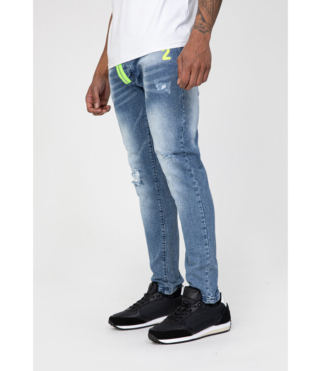 Blauwe Skinny Jeans met Lichte Wassing en Neon Detail