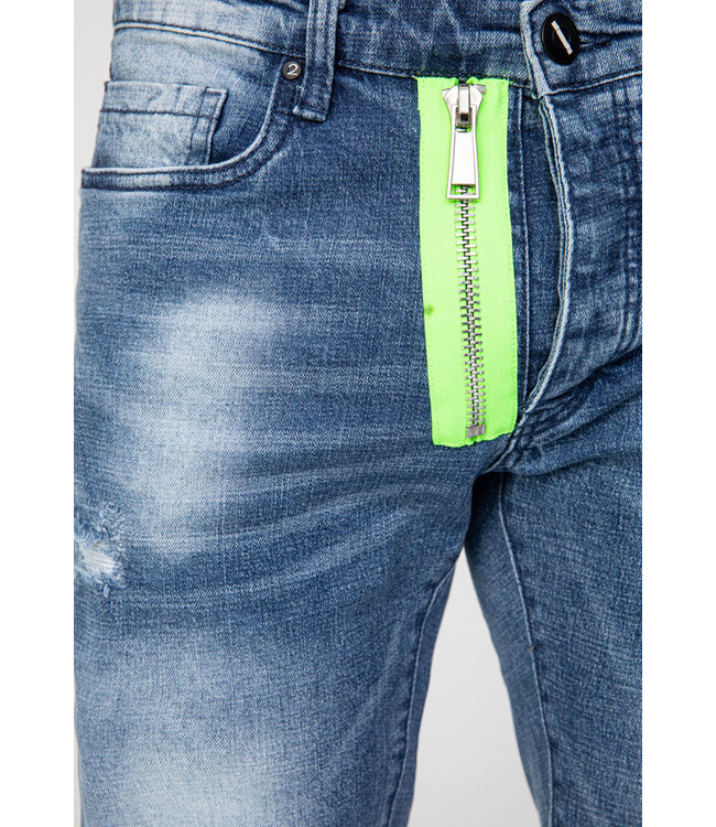 Blauwe Skinny Jeans met Lichte Wassing en Neon Detail