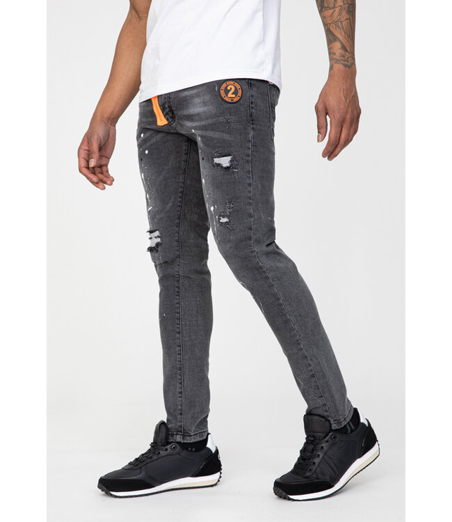 Grijze Skinny Jeans met Paint Splatter en Neon Oranje Detail
