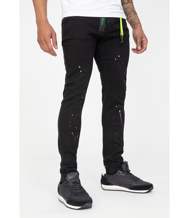 Zwarte Skinny Jeans met Paint Splatter en Neon Detail