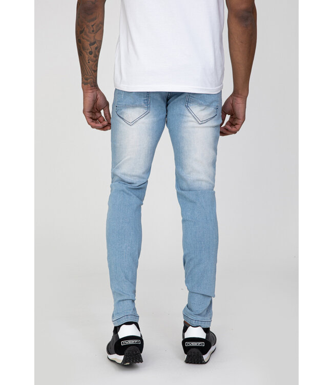 Blauwe Stretch Skinny Jeans met Paint Splatter en Oranje Detail
