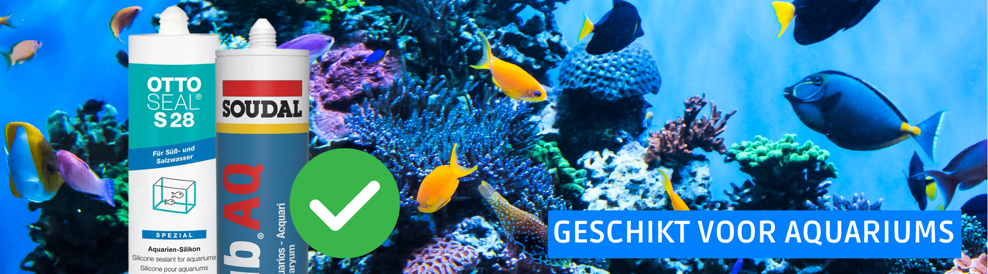 Een close-up van een tube siliconenkit met het label "geschikt voor aquariums"