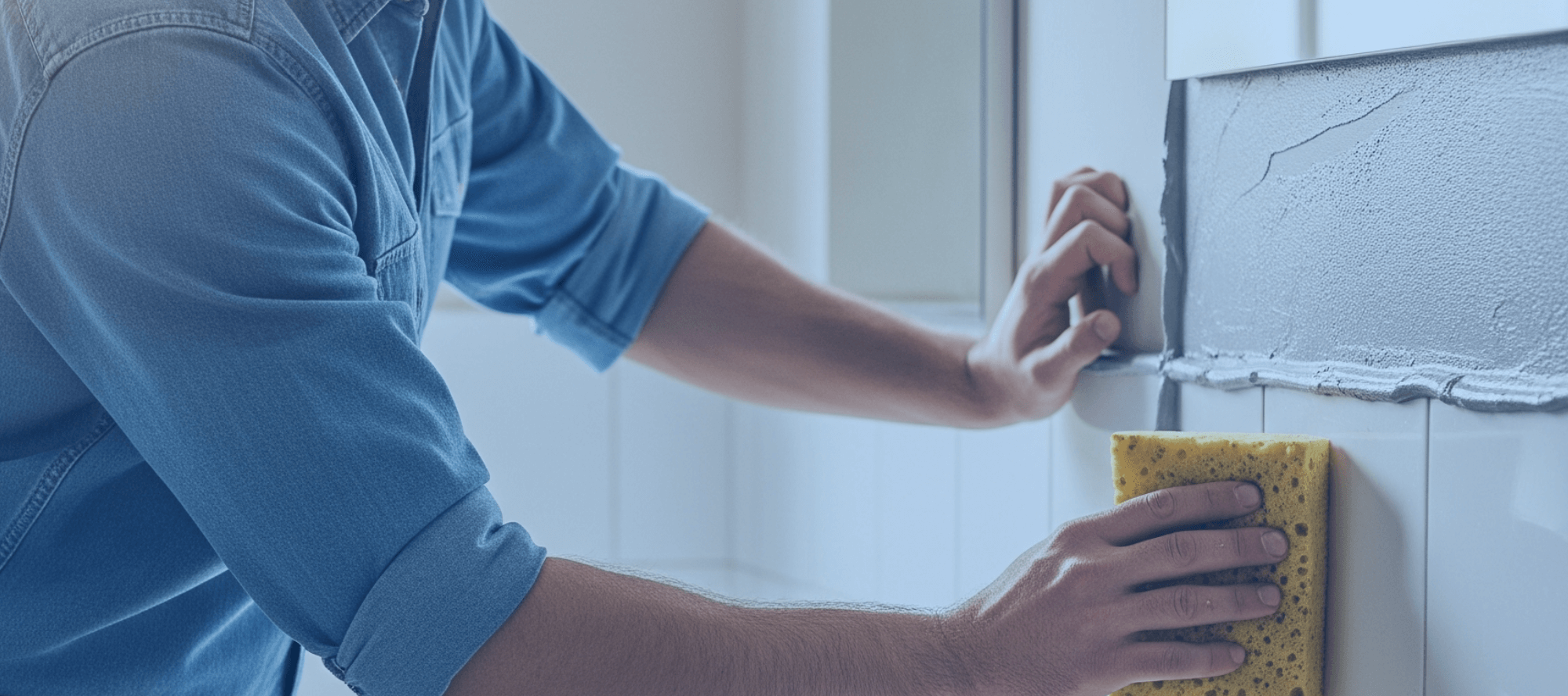 Een klusser strijkt een kitvoeg af met een spons voor een ruw effect.