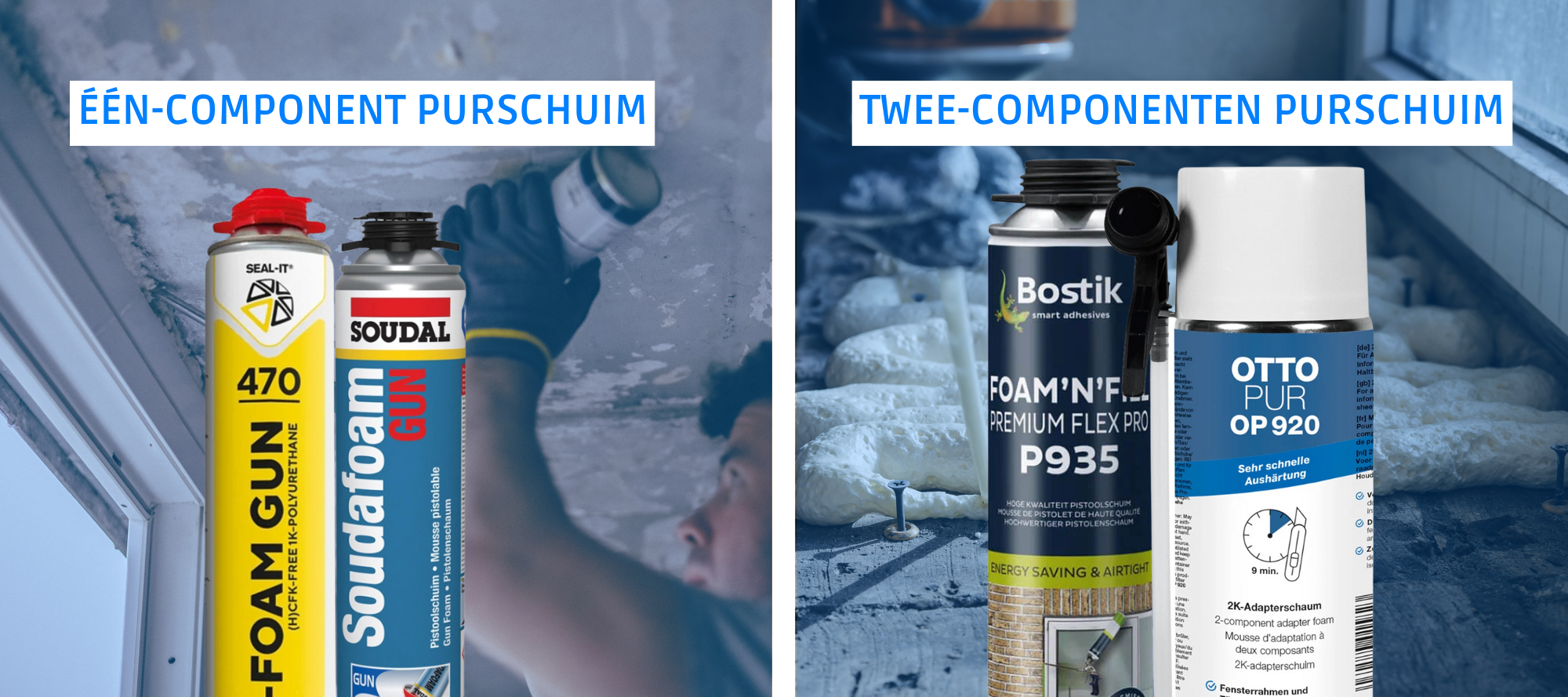 Verschil één-component (1K) en twee-componenten (2K) purschuim bus op een rij.