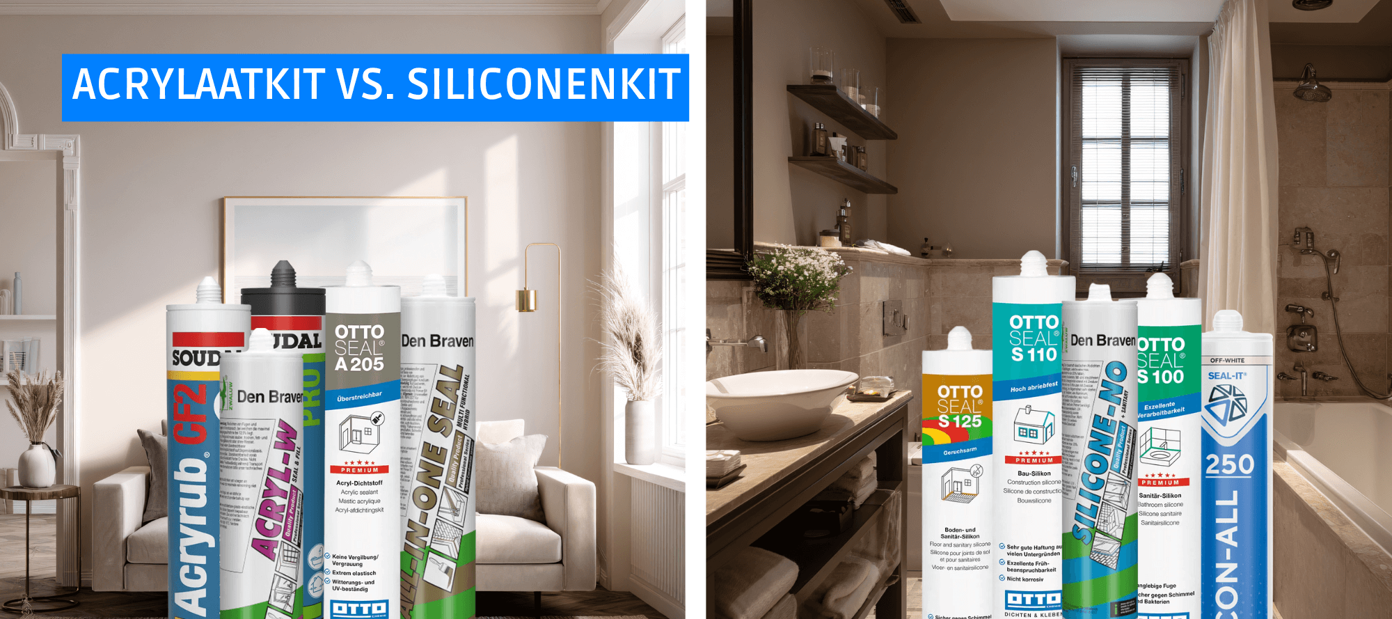 Tabel die de verschillen toont tussen acrylaatkit en siliconenkit voor stucwerk en natte ruimtes.