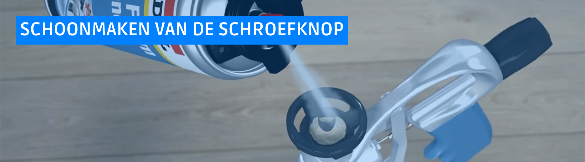 Purpistool met een bus purschuim erop, rechtopstaand bewaard om verstopping te voorkomen.