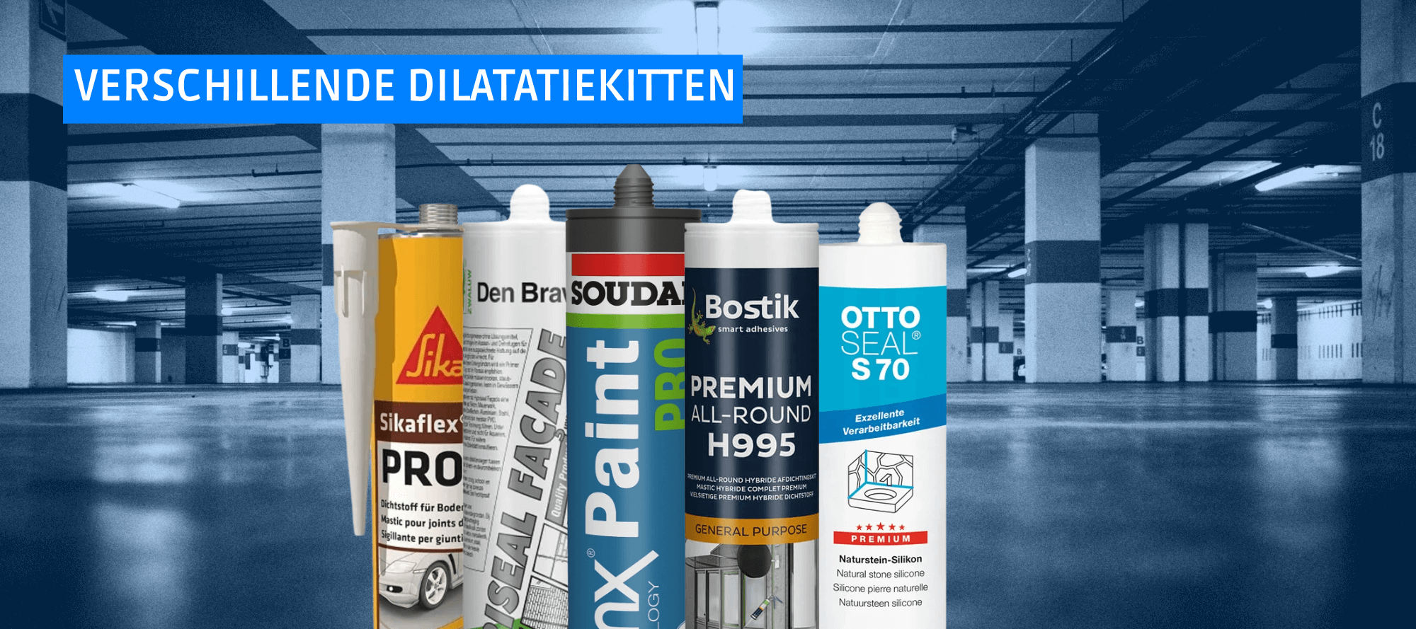 Overzicht van verschillende typen kitkokers, waaronder MS-Polymeerkit en PU-kit voor vloeren en dilatatievoegen.