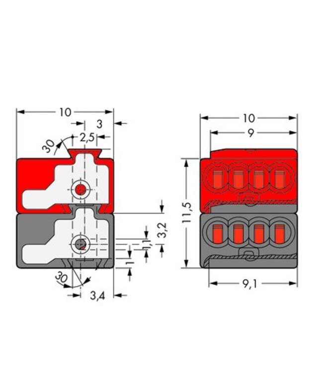 Wago Bus verbindingsklem 2 x 4 aansluitingen, geel en grijs