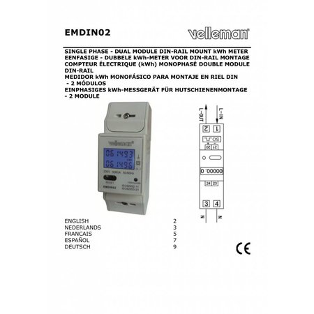 Velleman 1-fasige kwh-meter 80A voor din rail, 2 modules