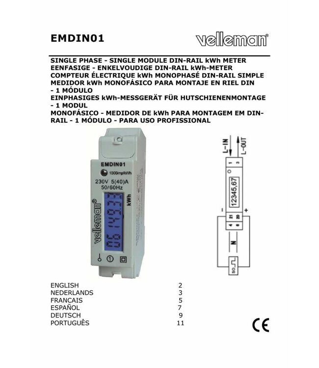 Velleman 1-fasige kwh-meter 40A voor din rail