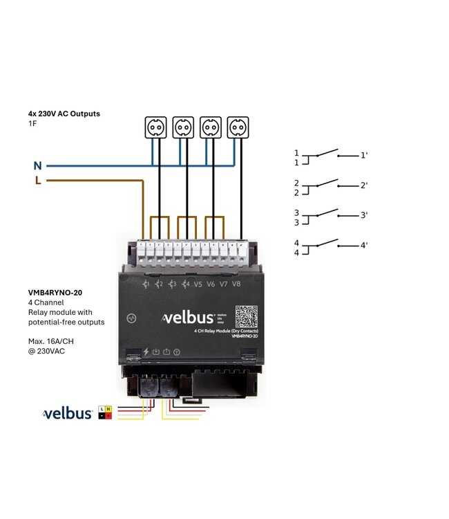 Velbus Velbus module, 4-kanaals relaismodule met potentiaalvrije contacten