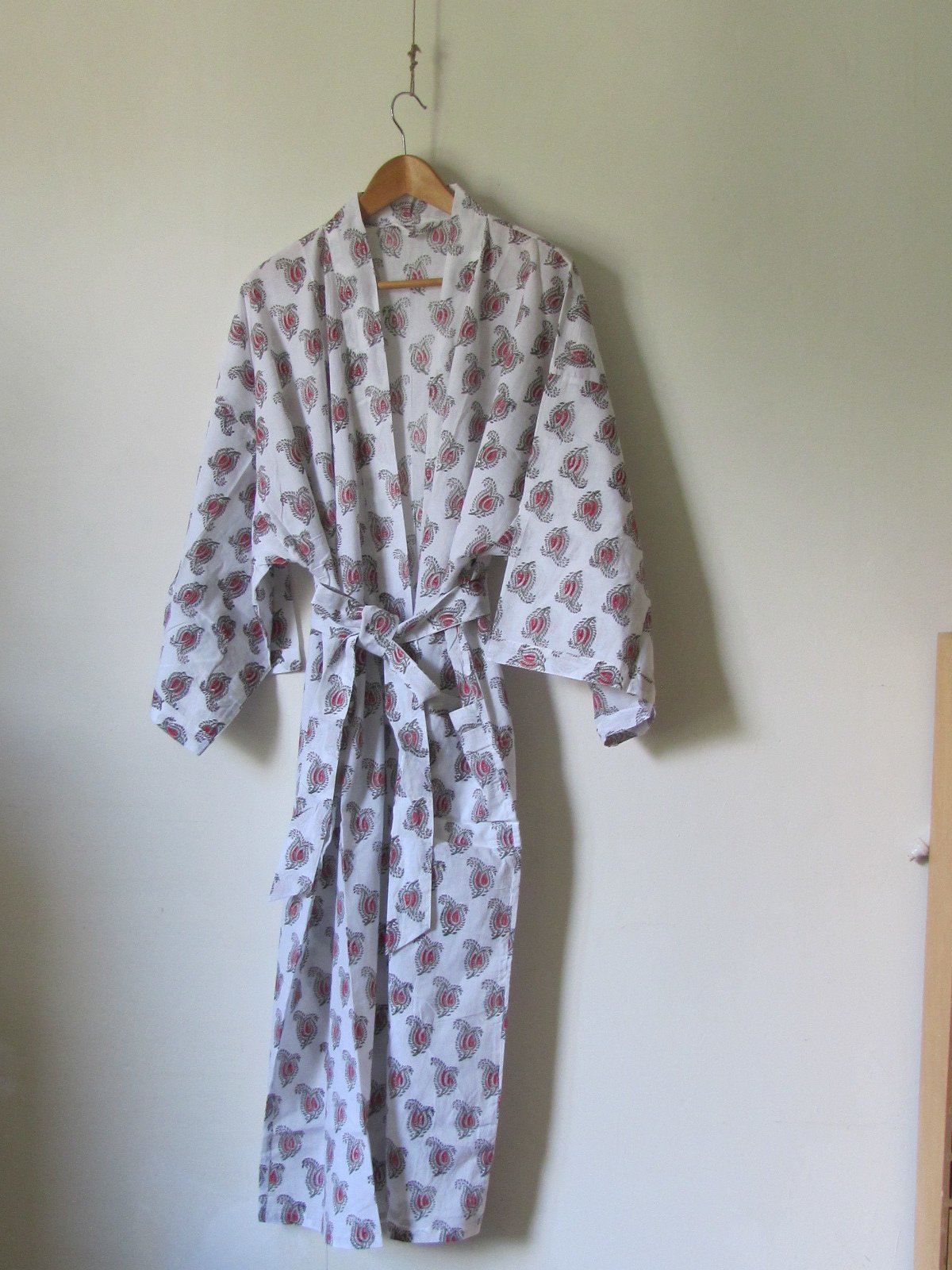 Kimono, dressing gown hand printed with vegetable dyes