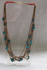 Necklace from brass with imitation turquoise and coral