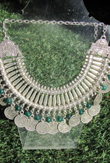 Necklace, white metal tribal style with coins and hand made green glass beads