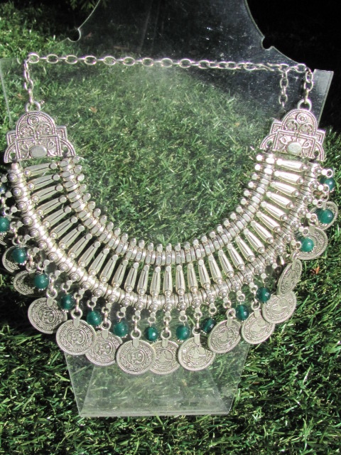 Necklace, white metal tribal style with coins and hand made green glass beads