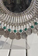 Necklace, white metal tribal style with coins and hand made green glass beads