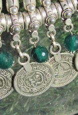 Necklace, white metal tribal style with coins and hand made green glass beads