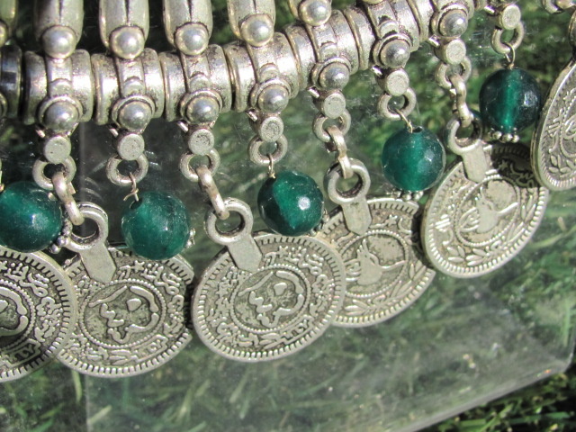 Necklace, white metal tribal style with coins and hand made green glass beads