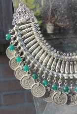 Necklace, white metal tribal style with coins and hand made green glass beads