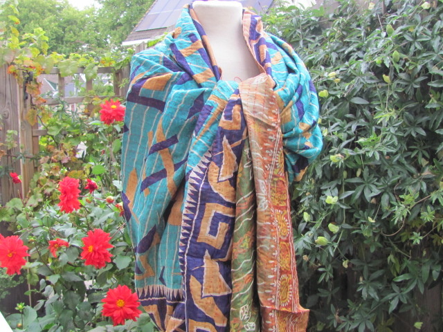 Silk Shawl Gudri Kantha stitching on upcycled silk saris